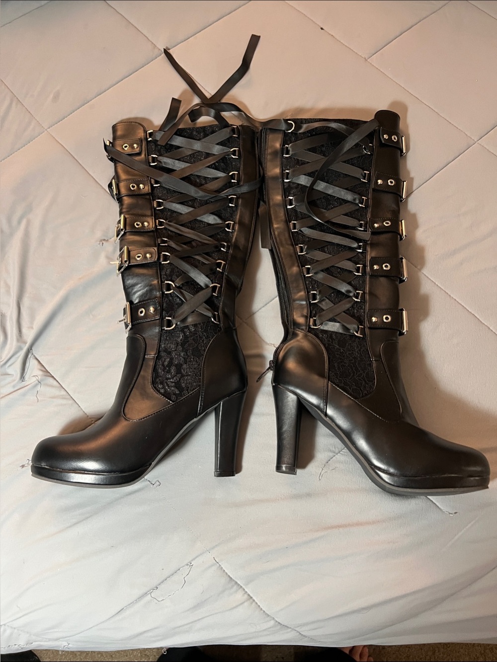 Women's Black Lace-Up Mid-Calf Heeled Boots